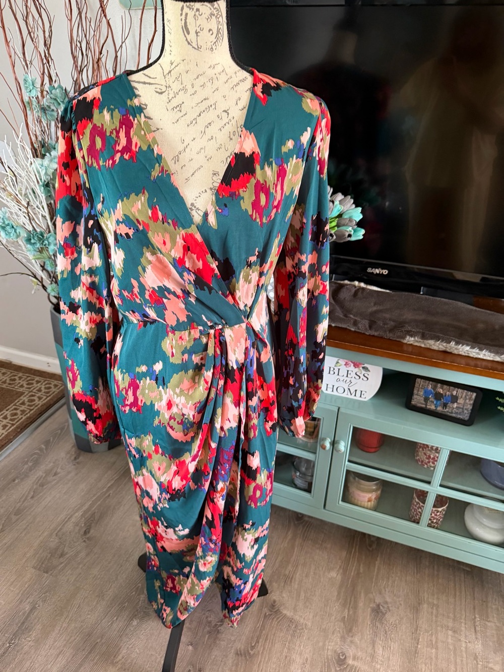 SHEIN Teal Floral Long Sleeve Dress Size Large